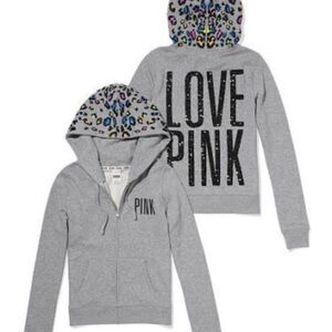 PINK Victoria's Secret Gray Zip-Up Hoodie with Multicolor Leopard Hood